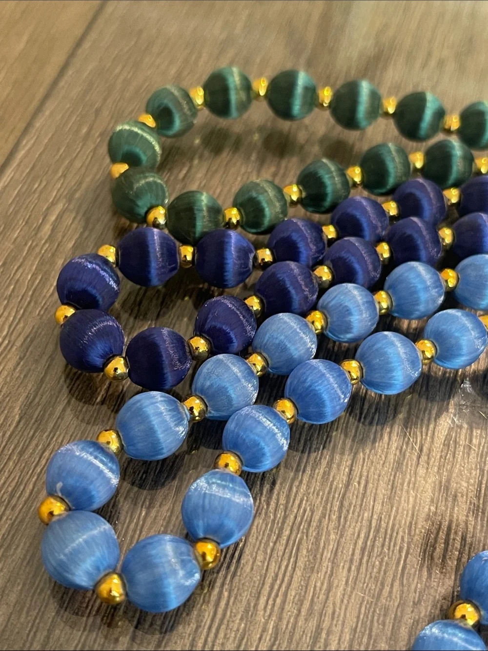 Vintage 3 Necklaces with Spun Silk Satin Beads Gold Tone Spacers 30 In. Approx